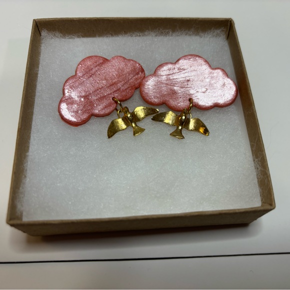 Unique Set of Handmade Earrings Pink Cloud with Gold Birds Like New - Picture 7 of 7